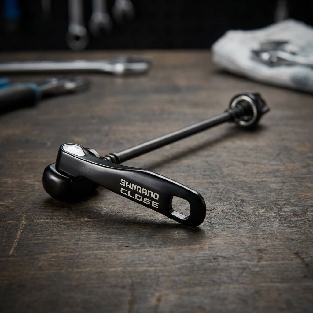 SHIMANO Schnellspanner 133 mm WH-R501-F, schwarz, auf Werkbank. Fahrradkomponente.