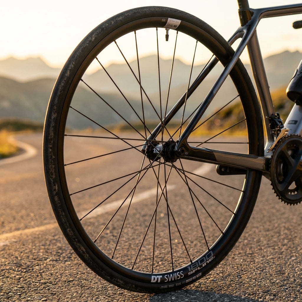 DT Swiss HG 1800 SPLINE E-Road Hinterrad schwarz am Fahrrad auf Bergstraße, im Sonnenuntergang.