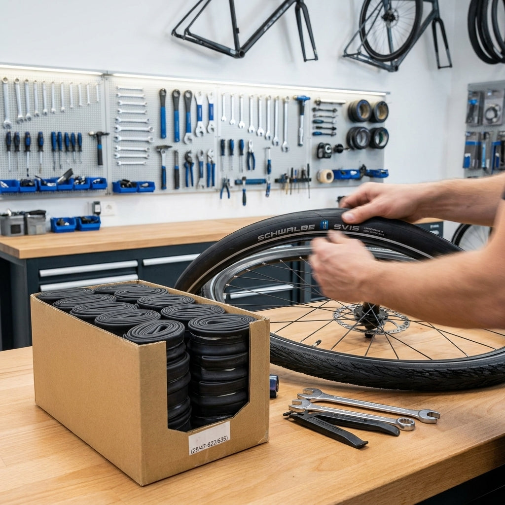 Schwalbe SV15 Fahrradschlauch Montage in Werkstatt. Karton mit 50 Schläuchen auf Werkbank.