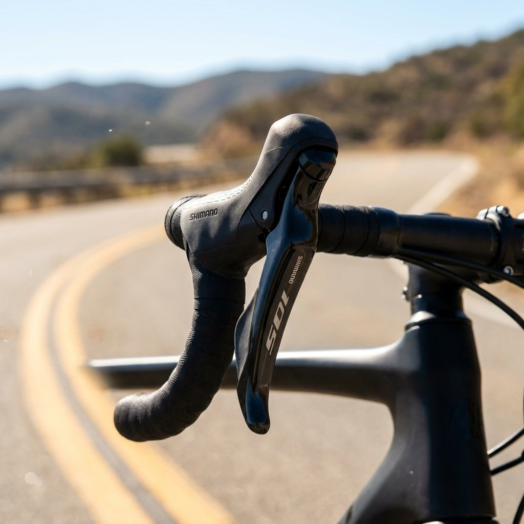 SHIMANO 105 ST-R7000 11-fach Schalt-/Bremshebel für Rennräder, schwarz, Detailansicht am Lenker auf Straße.