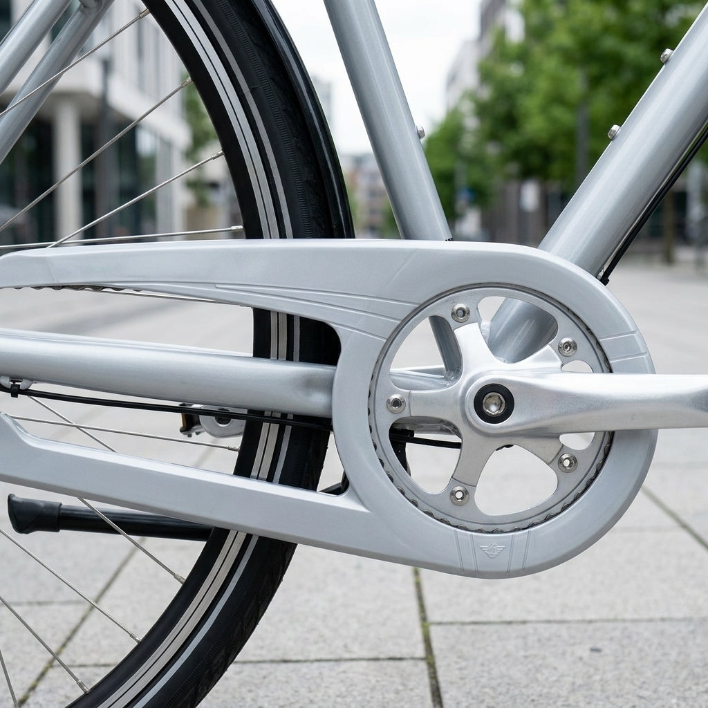 Silberner Hebie Kettenschutz 360 E2 für 42 Zähne am Fahrrad mit Kettenschaltung.