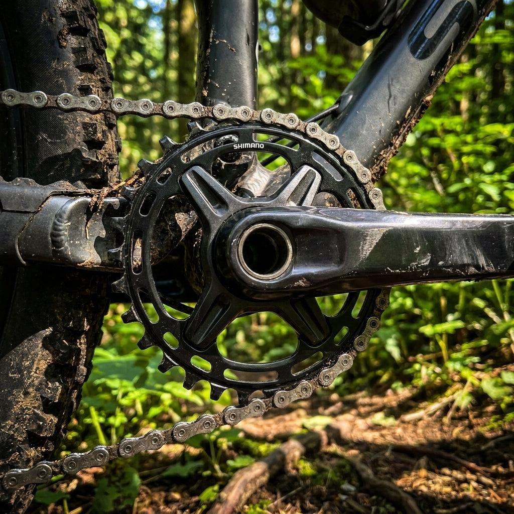 SHIMANO Kettenblatt DEORE FC-M5100 30 Zähne am verschmutzten Mountainbike-Antrieb auf Waldboden.