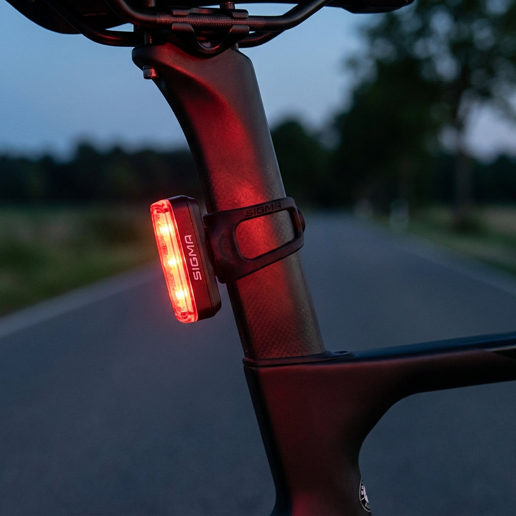 Sigma Silikon Halter für Rücklichter Blaze/Infinity/Curve an Aero-Sattelstütze. Flexible, sichere Fahrrad-Rücklichthalterung.