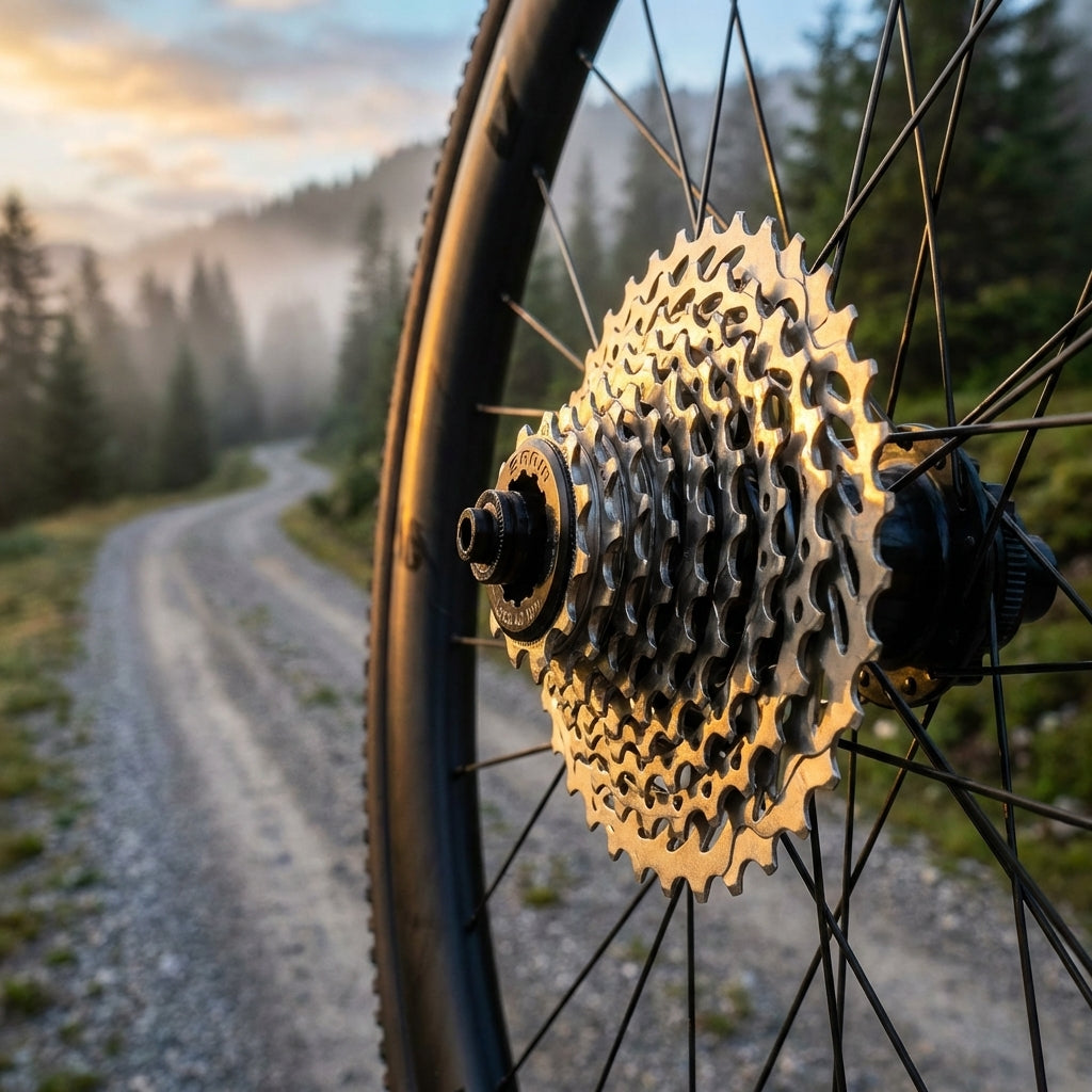 SRAM Kassette PG-1130 11-36 am Fahrrad-Hinterrad auf Schotterweg im nebligen Wald.