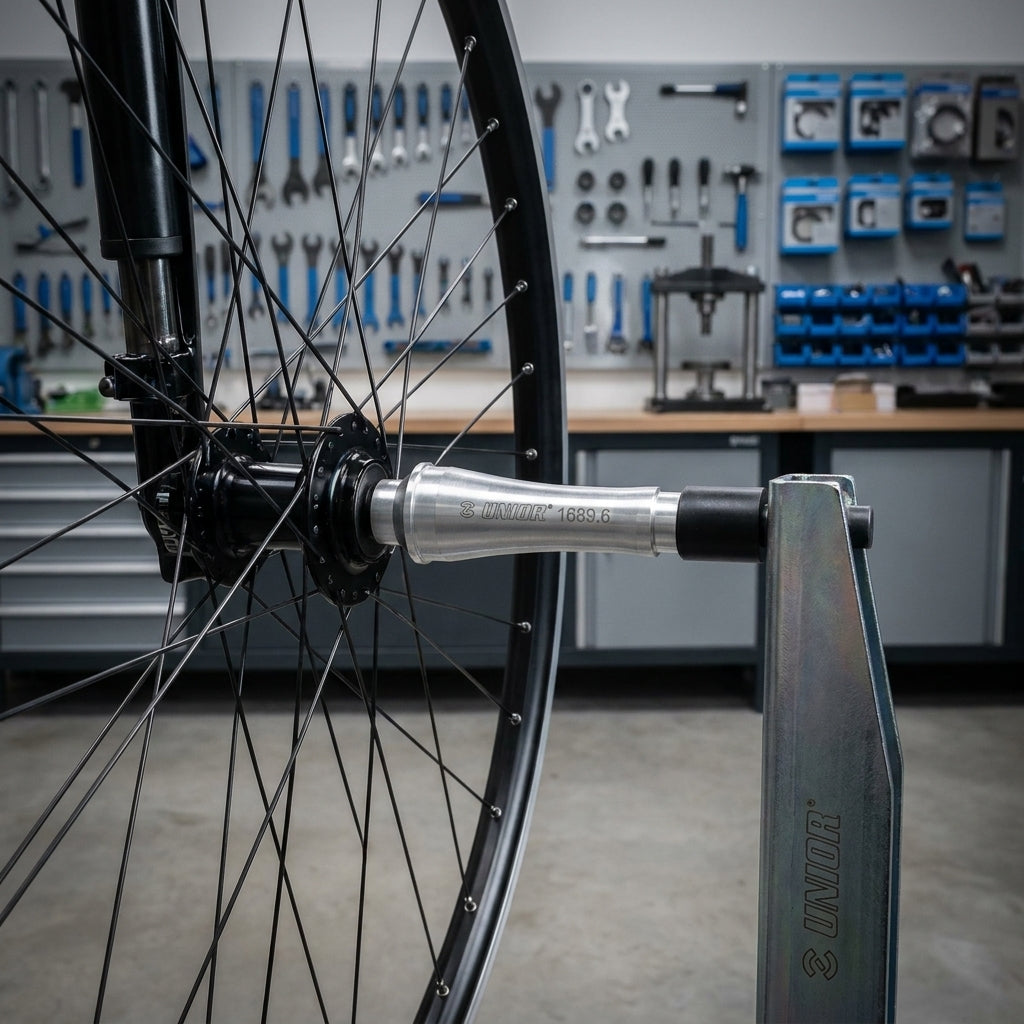 Unior Cannondale Lefty Adapter 1689.6 am Unior Zentrierständer mit Fahrradrad in Werkstatt.
