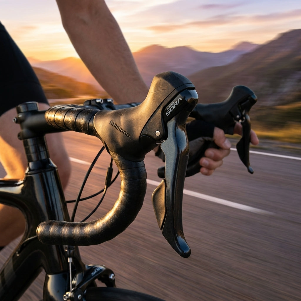 SHIMANO SORA ST-R3000 Rennrad Dual Control Hebel am Lenker bei Fahrt im Sonnenuntergang.