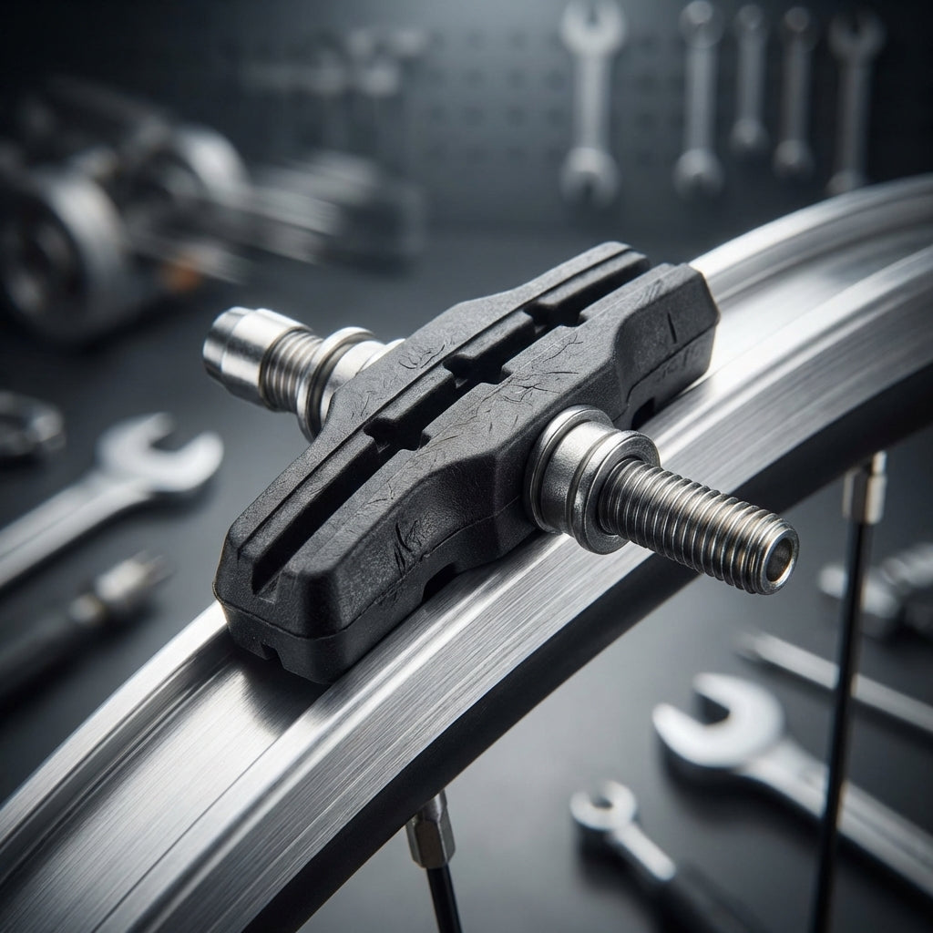 Schwarzer Promax V-Brake Bremsschuh mit Schraubbefestigung auf einer Aluminium-Fahrradfelge.