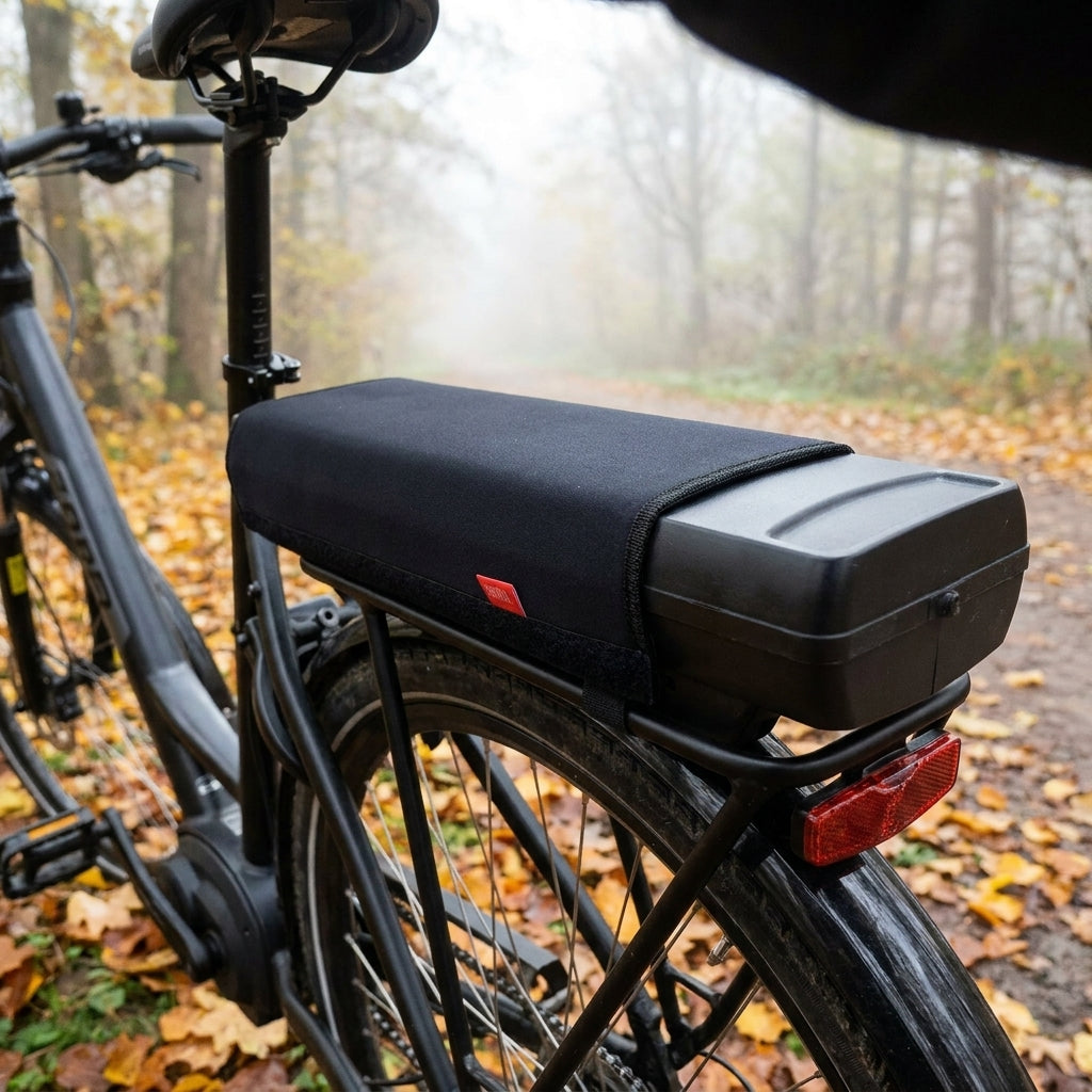 Fahrer Akkuschutz universal für E-Bike Gepäckträger auf schwarzem Fahrrad im Herbstwald.