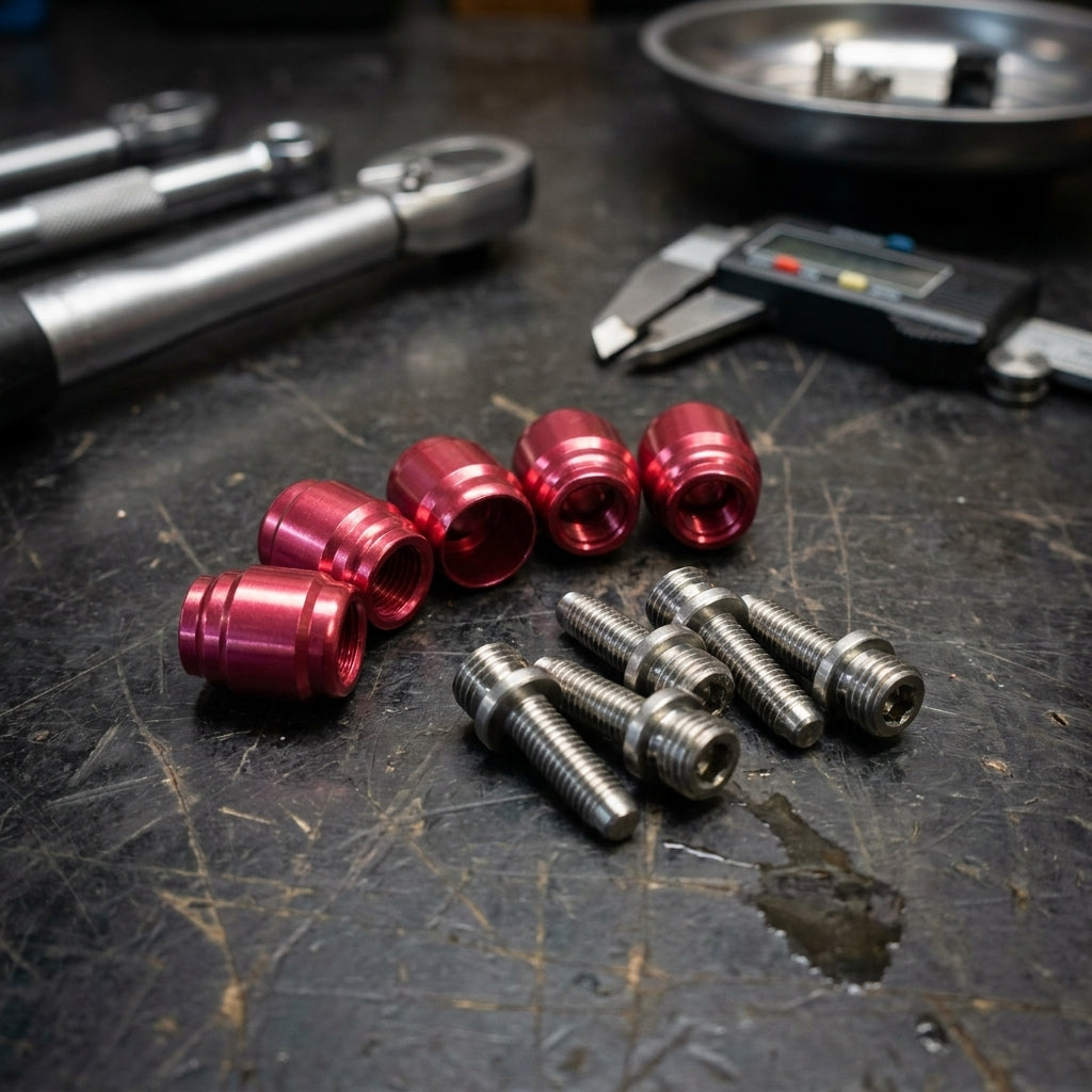 Rote SRAM Stealthamajig Klemmringe 5er Set mit Schrauben auf Werkbank für zuverlässige Fahrrad-Hydraulikmontage.