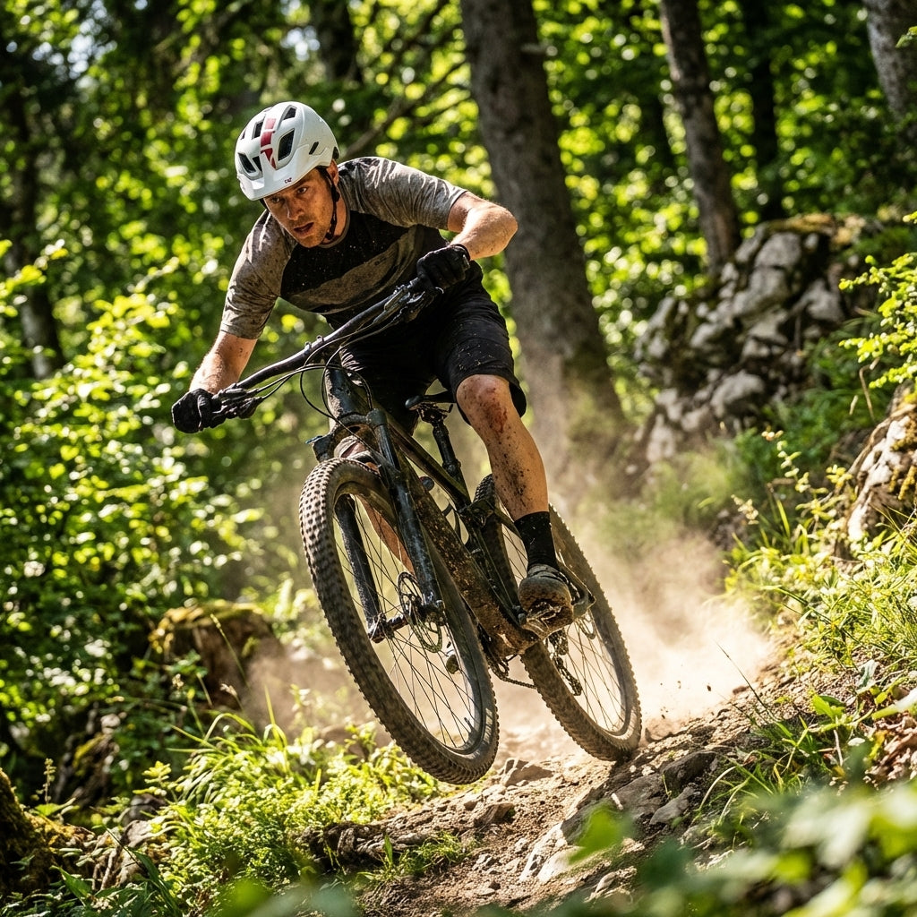 Mountainbiker mit XLC Helm MTB BH-C30 weiß fährt im Wald auf staubigem Trail bergab.