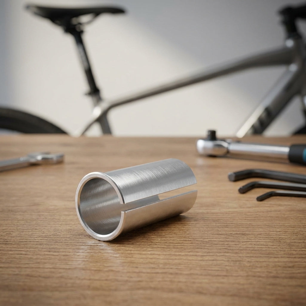 Ergotec Sattelstützadapter Alu 27,2 auf 30,9 mm auf Holztisch mit Fahrradwerkzeug und Fahrrad.