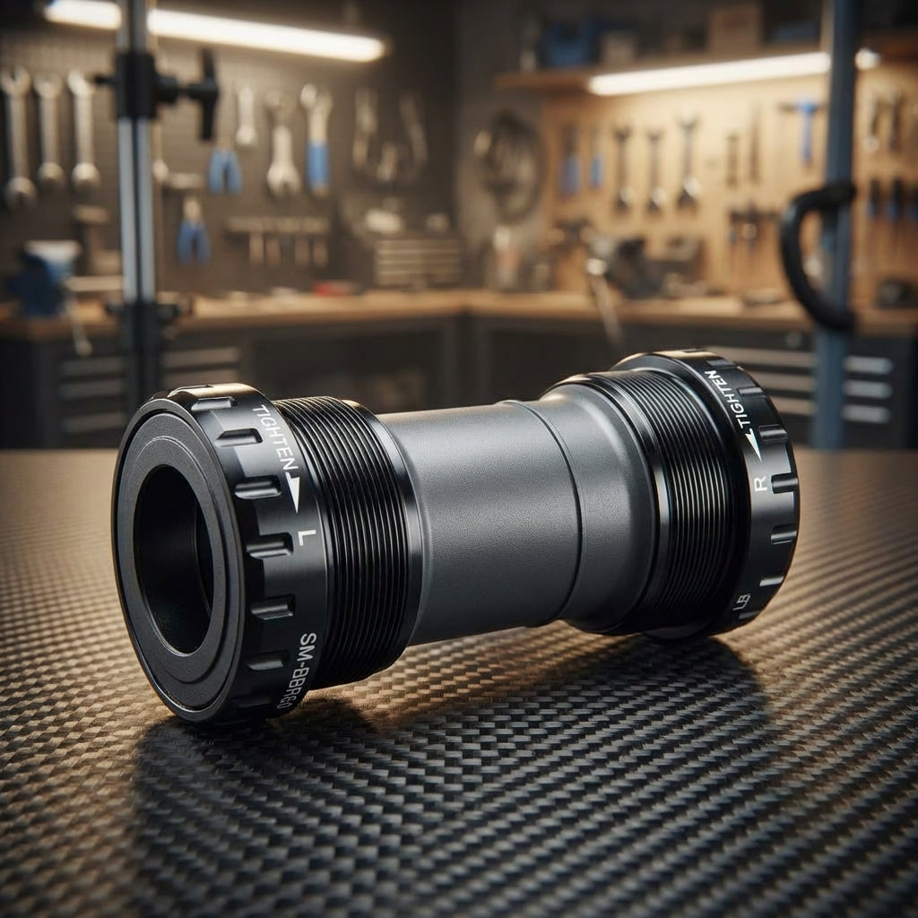 Detailansicht: SHIMANO ULTEGRA 6800 BSA Innenlager für Rennrad-Antriebe, Leichtlauf und Steifigkeit auf Carbon-Oberfläche.