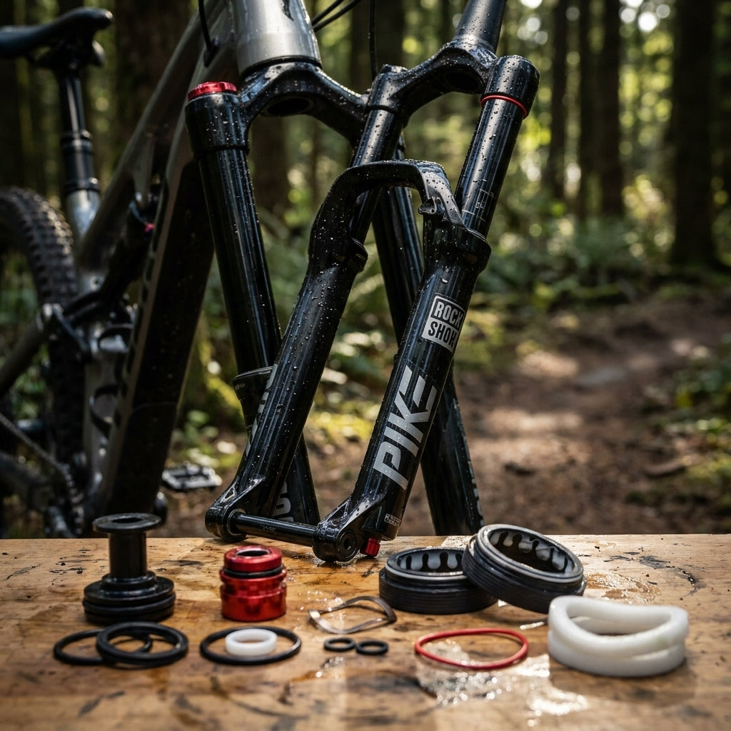 RockShox Pike Federgabel Service-Kit B1 DA (2018+) mit Einzelteilen auf Holztisch vor Mountainbike im Wald.