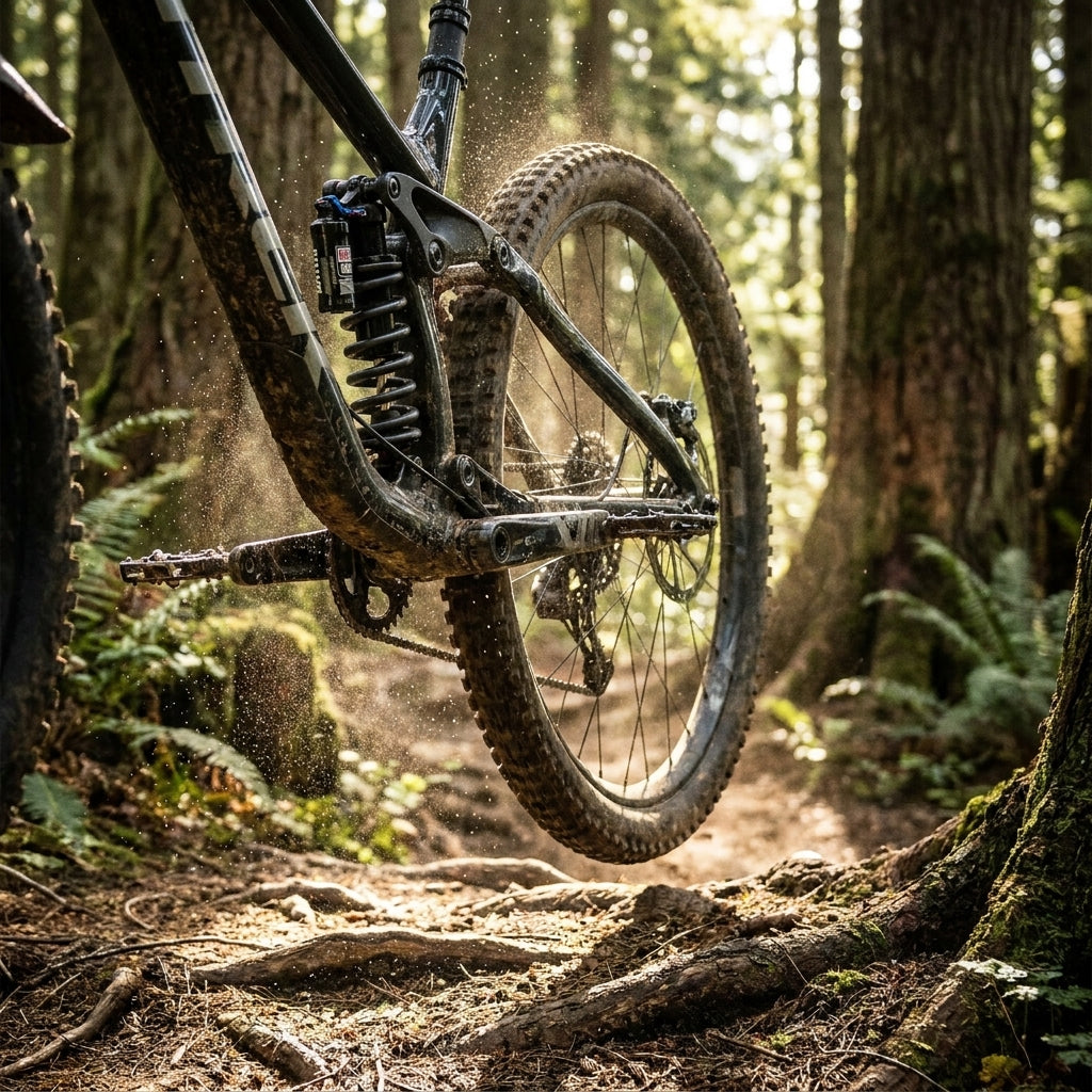 Rockshox Feder f. HR-Dämpfer an Mountainbike in Aktion, fliegt über Waldweg, Staub wirbelt auf.