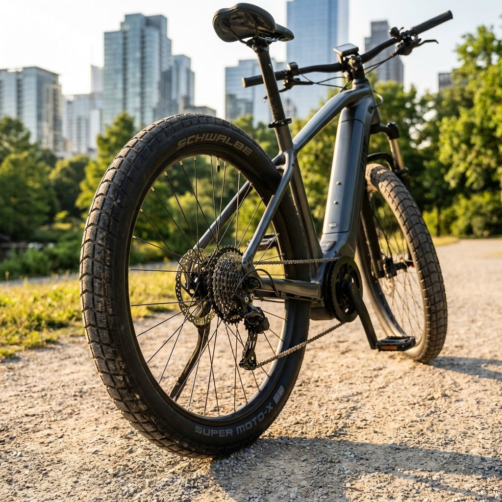 Schwalbe SUPER MOTO-X Reifen am E-Bike auf Schotterweg mit Stadt im Hintergrund.