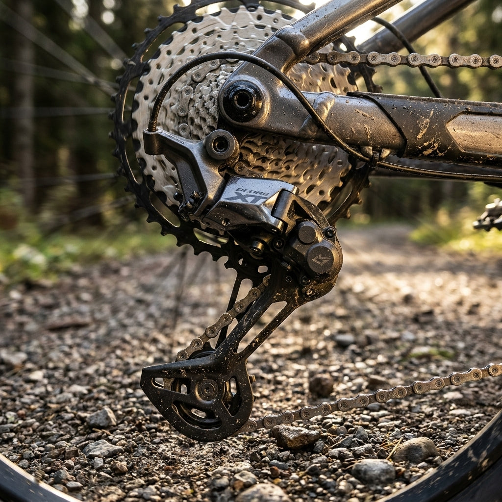 SHIMANO DEORE XT RD-M8130 11-fach Schaltwerk am Mountainbike, Kassette und Kette auf Schotterweg.