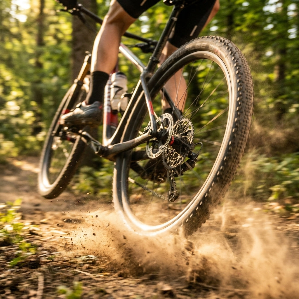 Schwalbe Thunder Burt 29x2.10 Faltreifen schwarz TLE am MTB auf staubigem Trail im Wald.