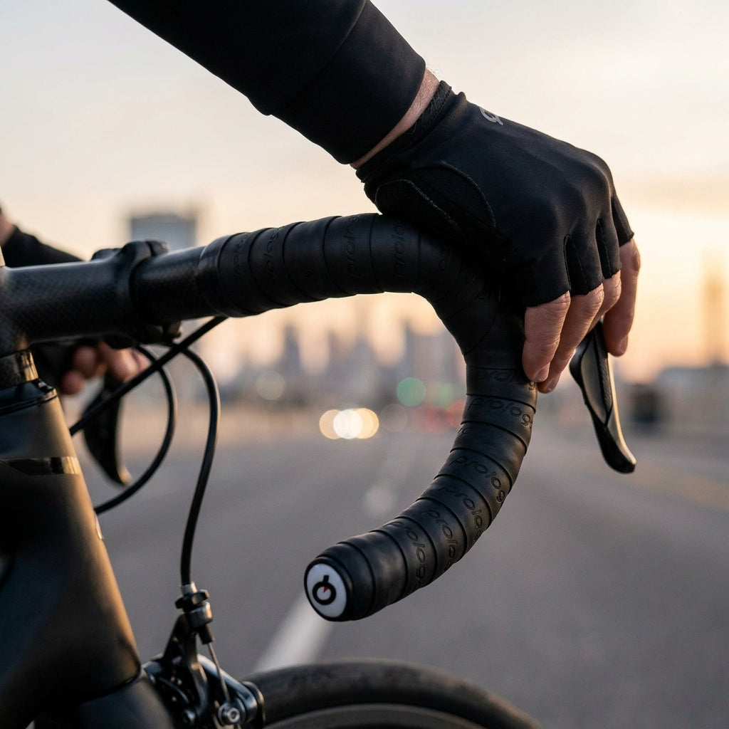 Prologo Lenkerband Skintouch schwarz am Fahrradlenker, von Radfahrerhand mit Handschuh gehalten.
