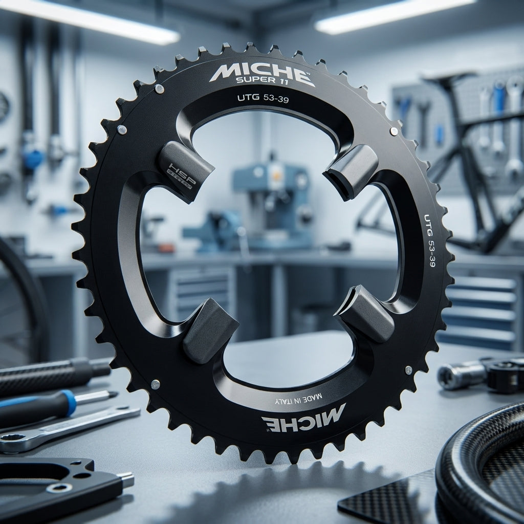Miche Kettenblatt Super11 UTG Shimano Ultegra 6800 außen 53Z auf Werkbank im Fahrrad-Workshop.