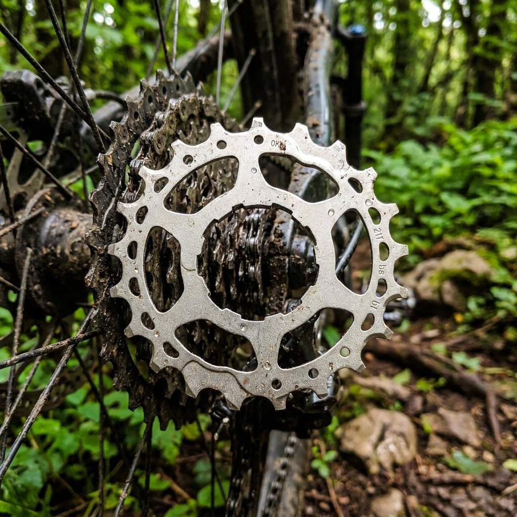 Schmutziges SHIMANO Ritzel 21 Zähne CS-M7000 am Fahrrad-Hinterrad im Wald.