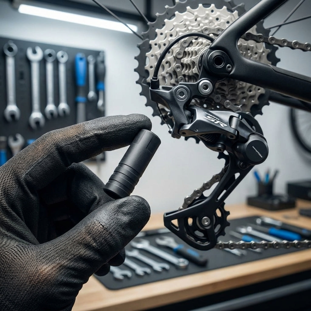 capgo BL gedichtete Endkappe Ø 4 mm Schwarz für Schaltaußenhülle, gehalten vor einem Fahrrad-Schaltwerk.