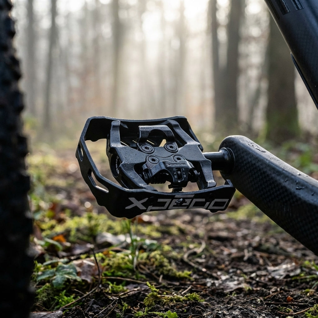 Schwarzes Xpedo Milo XCF13AC Clipless Fahrradpedal an Carbon-Kurbel auf feuchtem Waldweg.