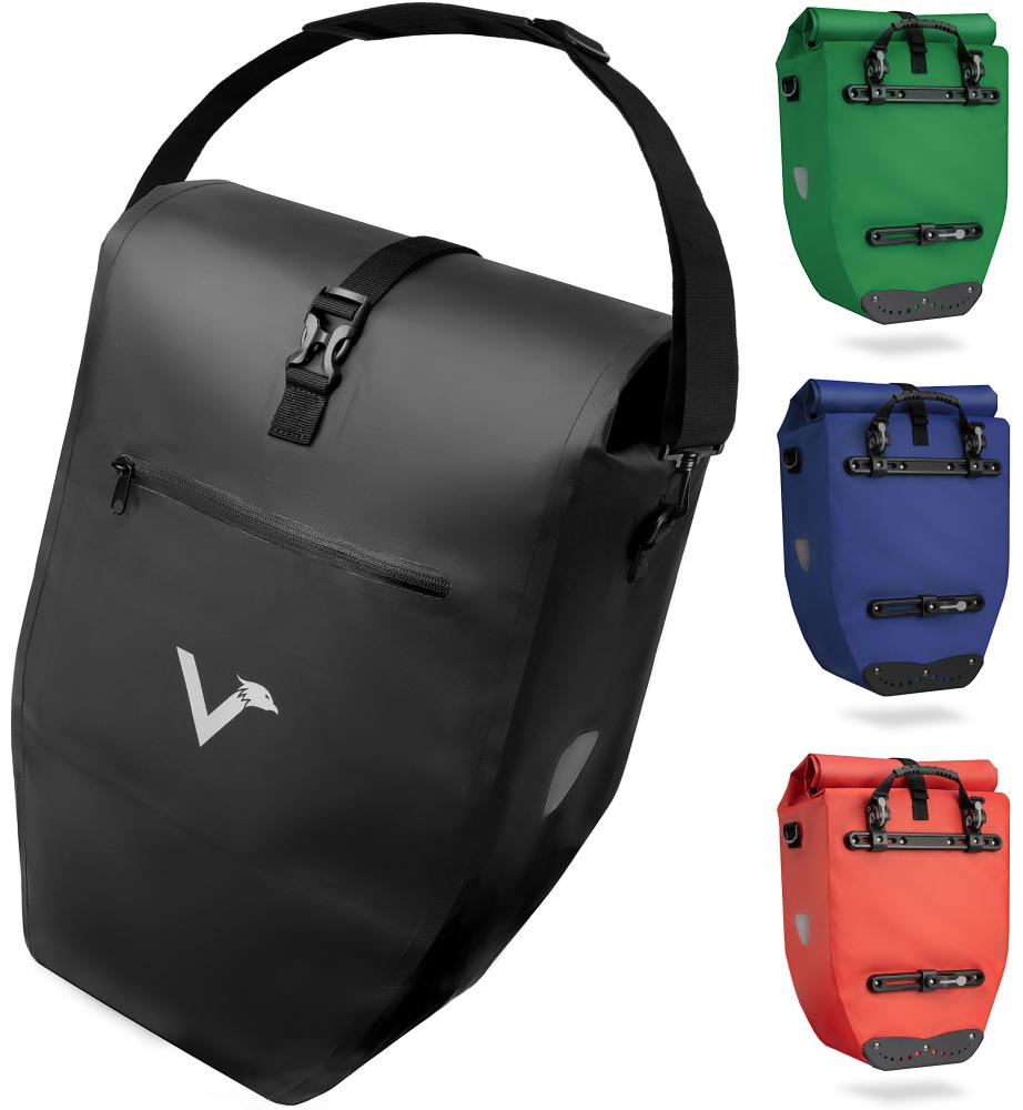 Valkental Gepäckträgertasche ValkBasic schwarz 28L mit Schultergurt und Farbauswahl in Grün, Blau und Rot.