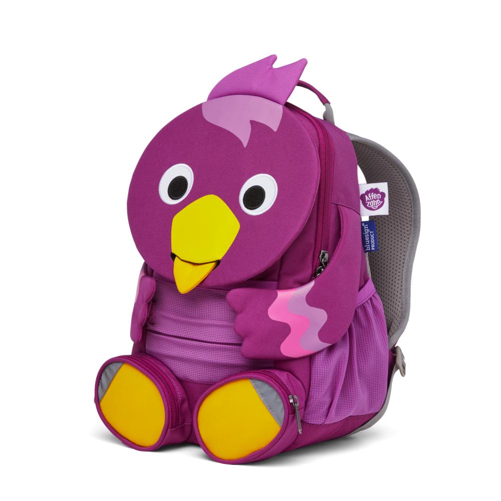 Affenzahn Großer Freund Kindergartenrucksack "Vogel" für Kinder, 8 Liter, lila, aus recycelten PET-Flaschen, mit Reflektoren und verstellbarem Brustgurt