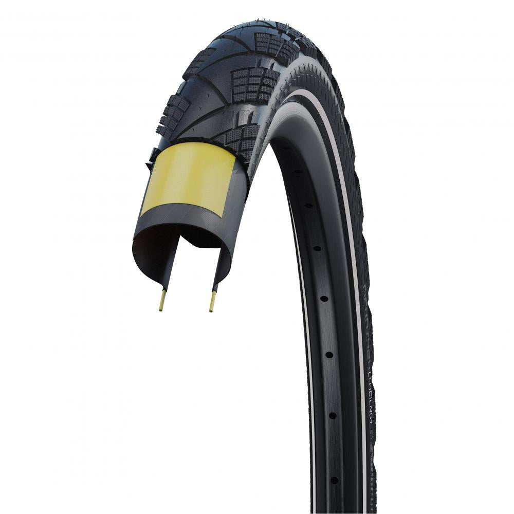 Schwalbe Marathon Efficiency E-Bike Faltreifen 28x1.50, schwarz Reflex, auf Felge mit gelbem Pannenschutz.