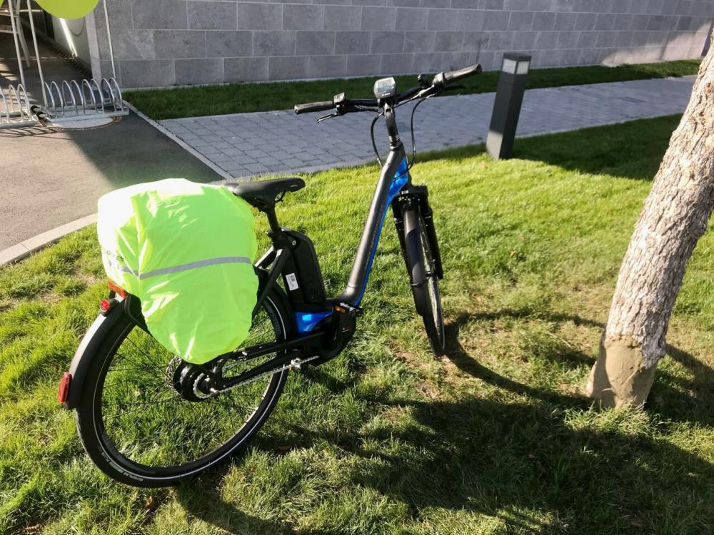 Greendonkey Gepäckträgertasche Hermann RT neon gelb mit Reflexstreifen am E-Bike auf Wiese