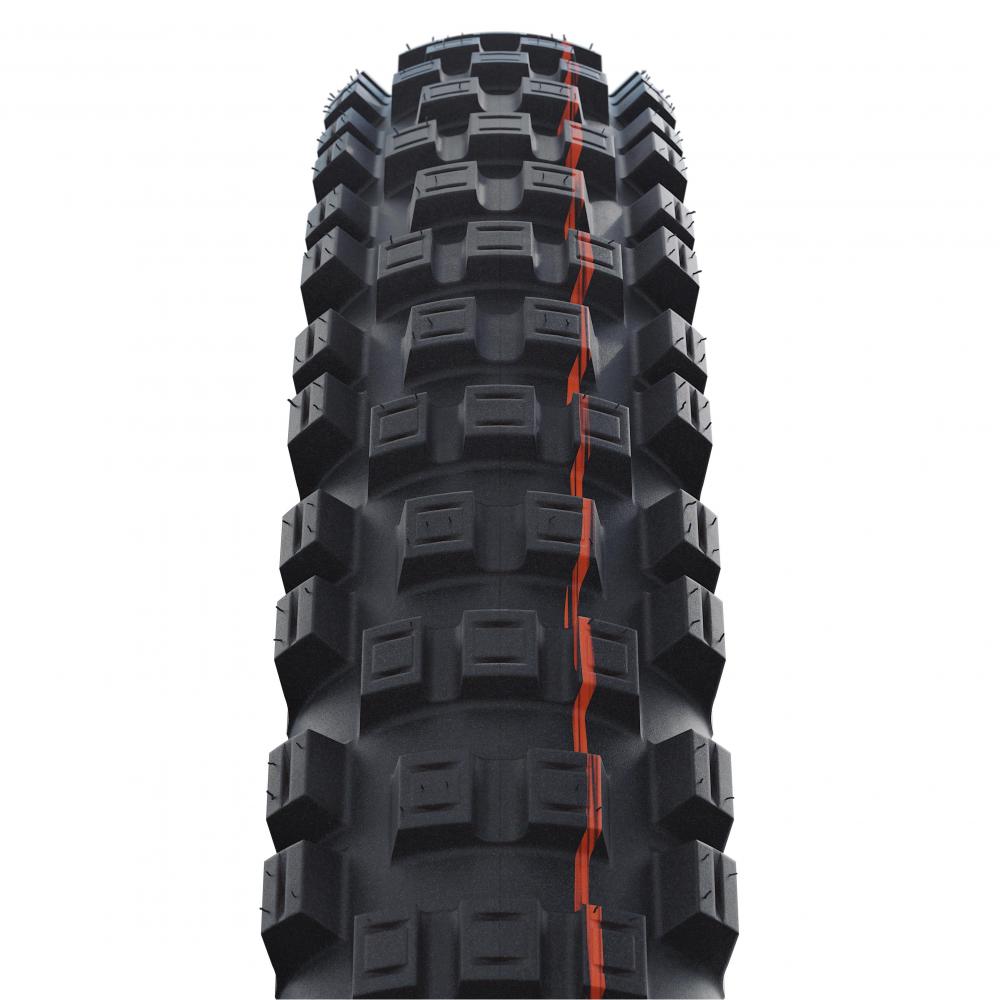 Schwalbe Eddy Current Rear E-Bike Mountainbike Reifen 29 Zoll schwarz, faltbar, grobes Profil, orange Linie.