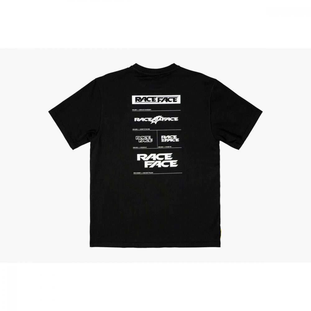 Schwarzes Race Face Logo T-Shirt für Bike-Lifestyle, zeigt verschiedene weiße Race Face Logos auf der Rückseite.