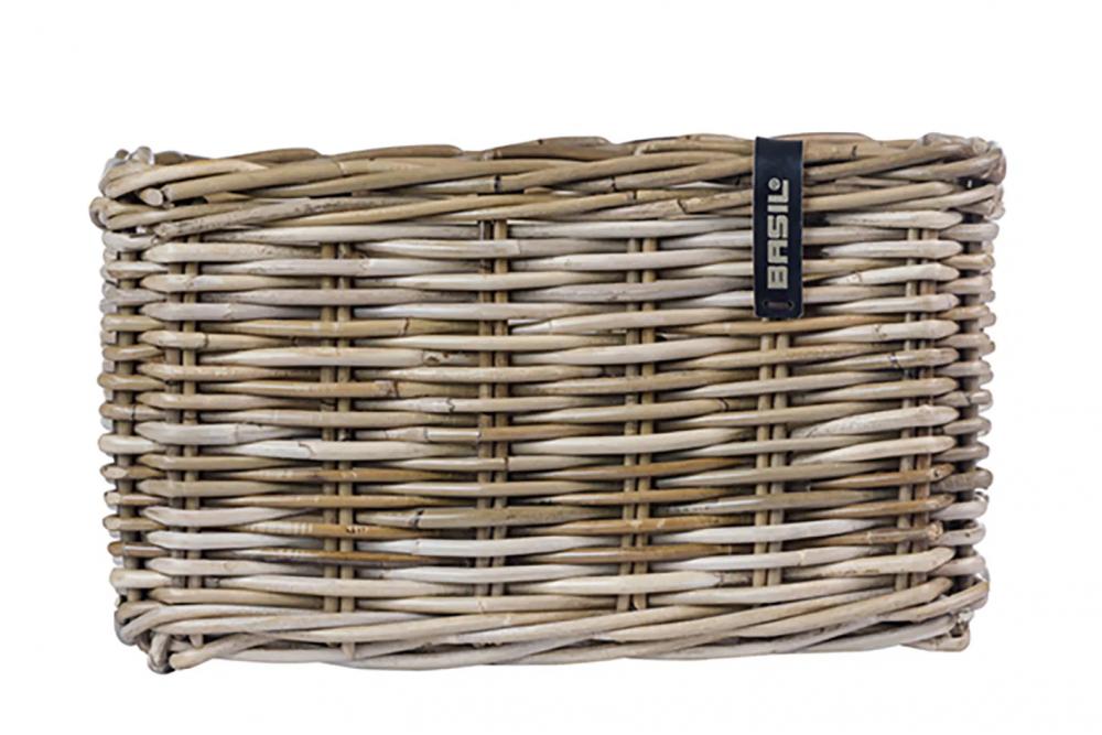 Handgeflochtener Basil Dax L Vorderradkorb aus grauem Rattan, 35x47x27 cm, ohne Deckel.