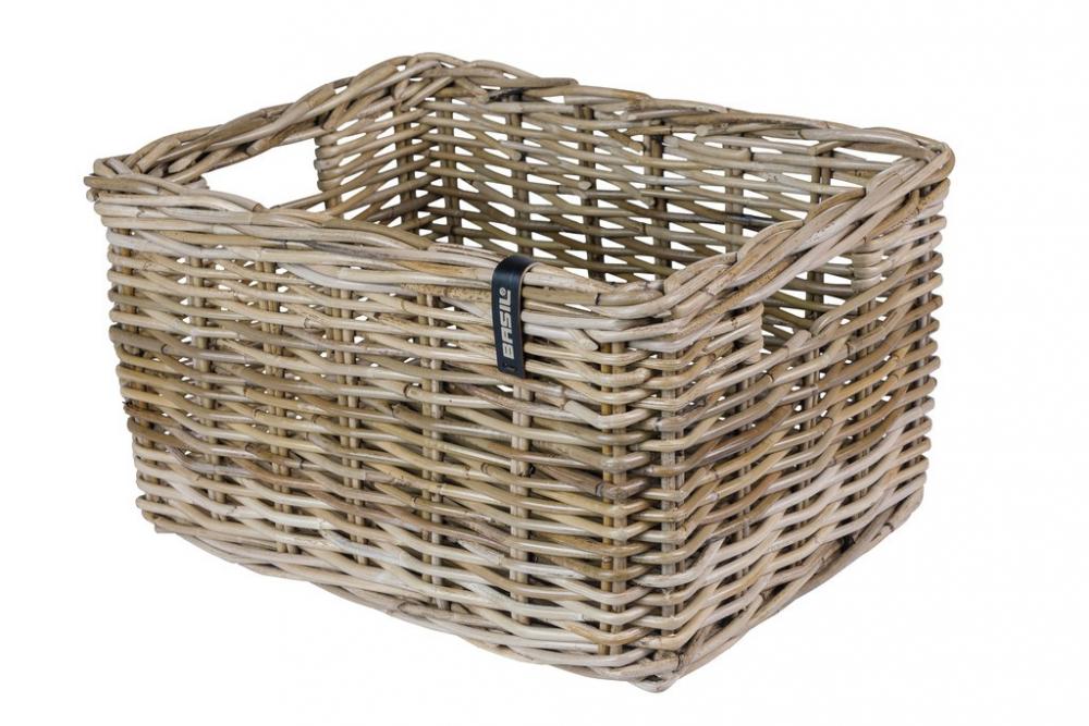 Grauer Basil Dax S Rattan Fahrradkorb, gewebt, umweltfreundlich, ideal für Transporträder, ohne Befestigungsmaterial.