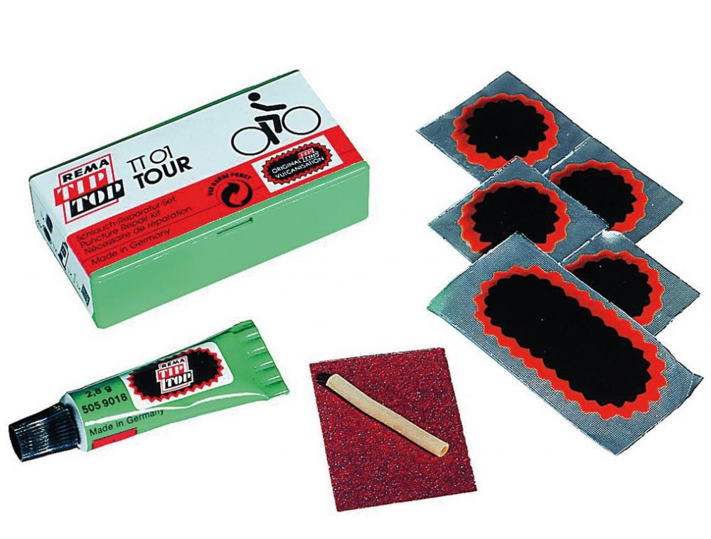 REMA TIP TOP TT01 Tour Fahrrad-Flickzeugset mit 6 Flicken, Vulkanisierflüssigkeit, Schleifleinen für Reparatur ohne Wartezeit