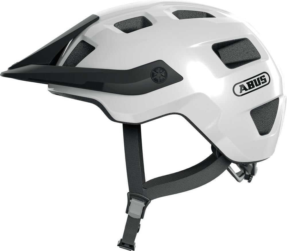 ABUS MoTrip MTB-Helm glänzend weiß mit Visier, In-Mold, Zoom Spin Verstellsystem und hoher Schutzpassform.