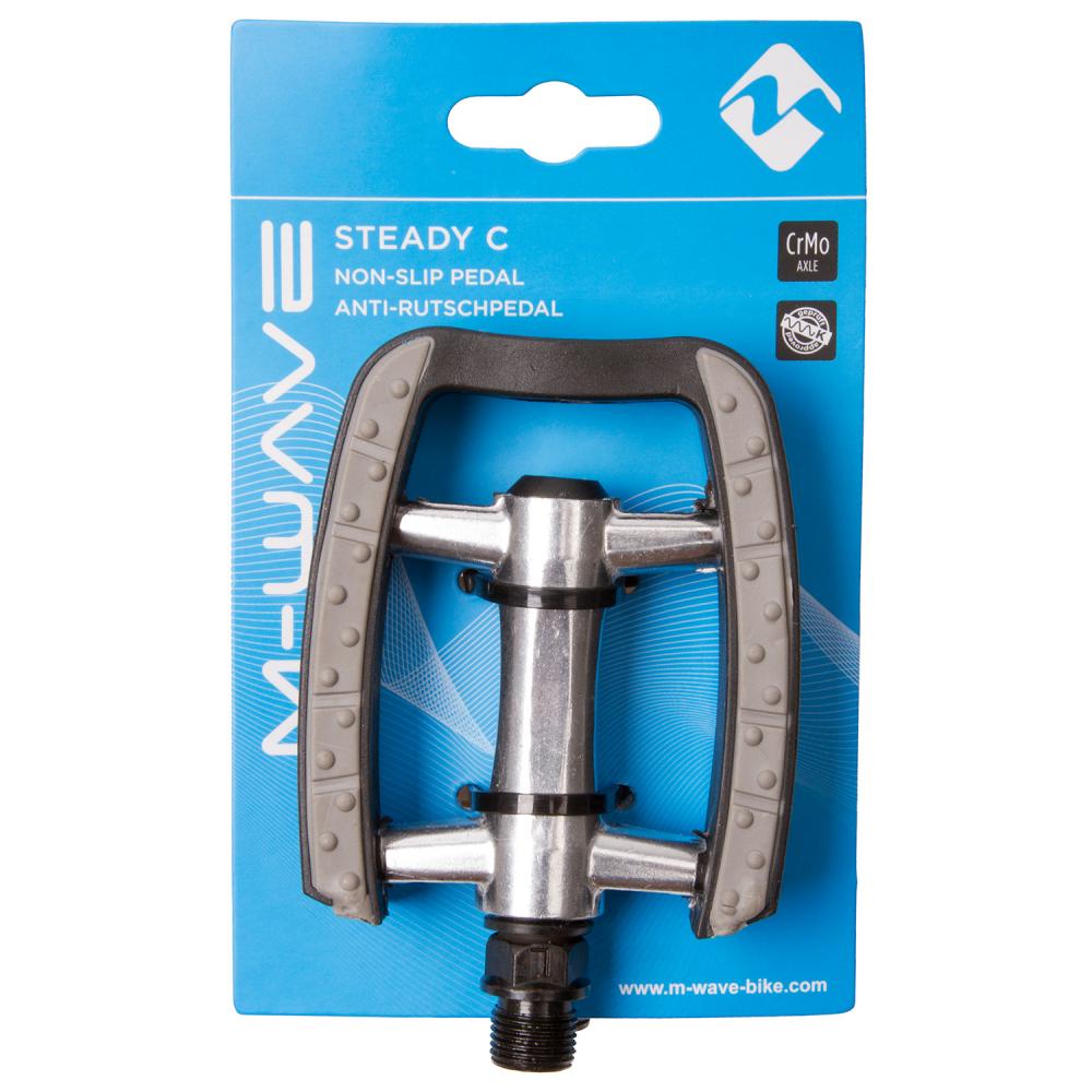 Silber-schwarze M-WAVE Steady-C Antirutschpedale aus Aluminium mit CrMo-Achse, Reflektoren und StVZO-Zulassung.