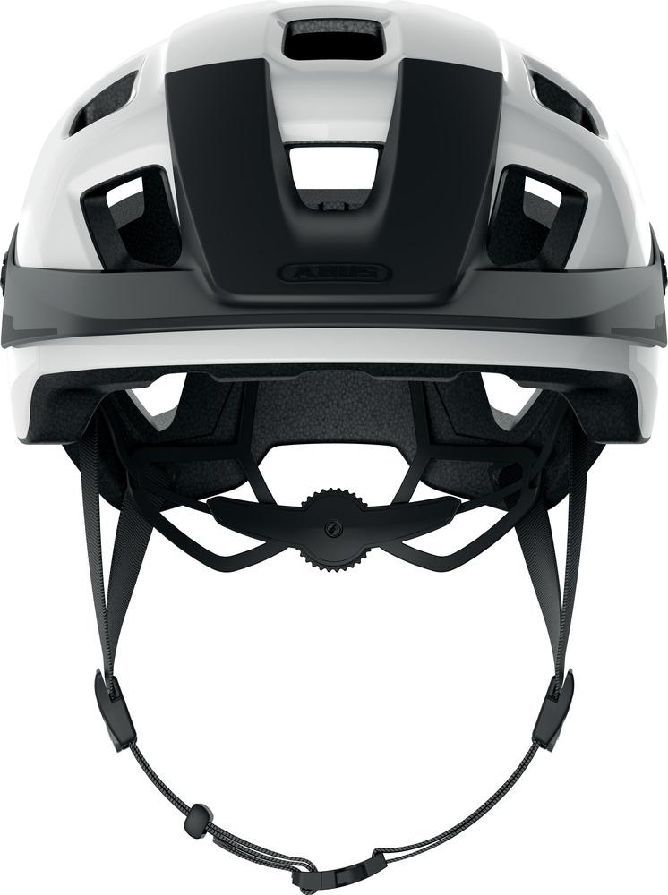 ABUS MoTrip MTB-Helm in glänzendem Weiß, Rückansicht mit Verstellsystem und ABUS Logo.