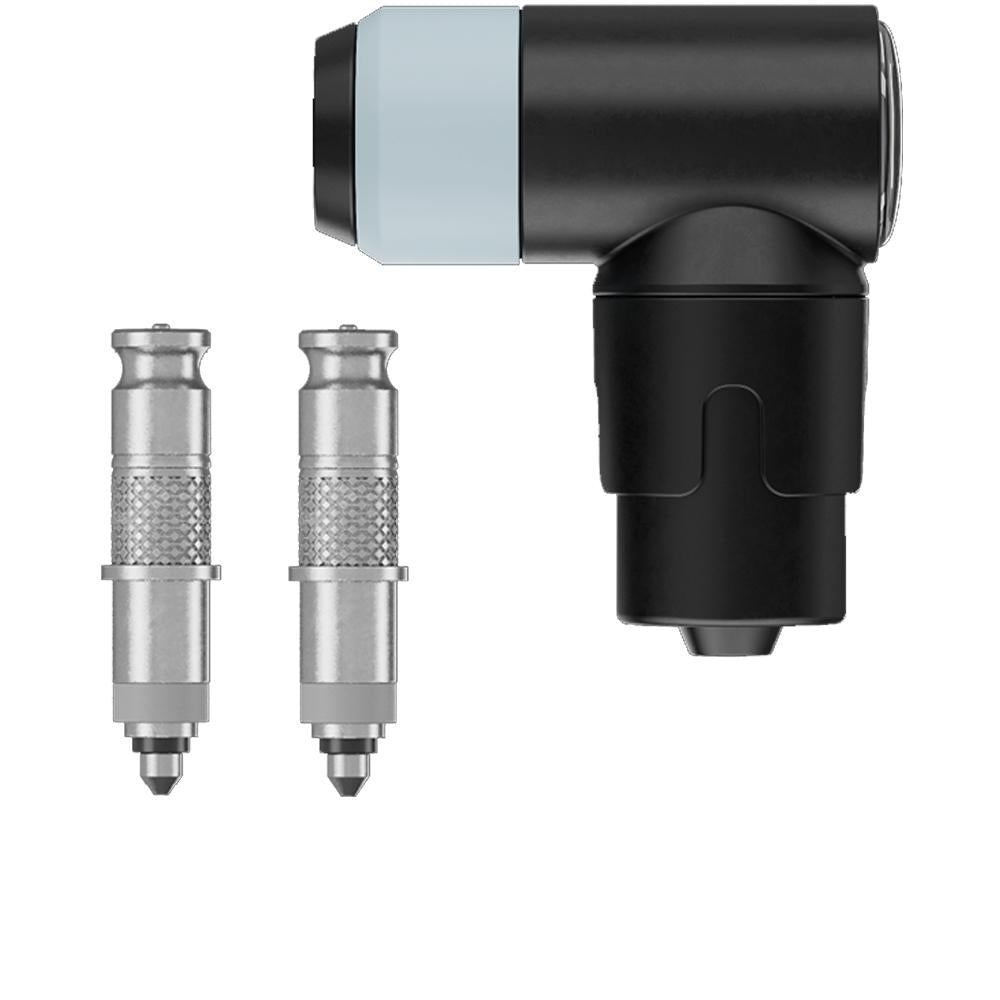 Schwalbe CLIK VALVE DV-SCV Umrüstkit: Schwarzes Ventil und zwei silberne Ventil-Einsätze, aktuelle Generation.