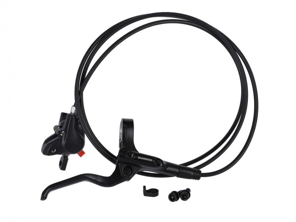 Vormontierte Shimano MT201 Hinterrad-Scheibenbremse mit Bremshebel, Leitung und Bremssattel in Schwarz.