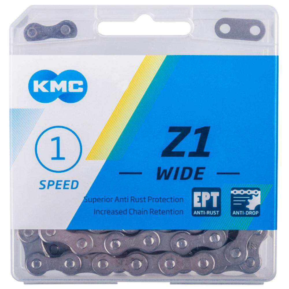 KMC Z1 Wide EPT Singlespeed Fahrradkette in Verpackung mit Antirost-Beschichtung und Verschlussglied.