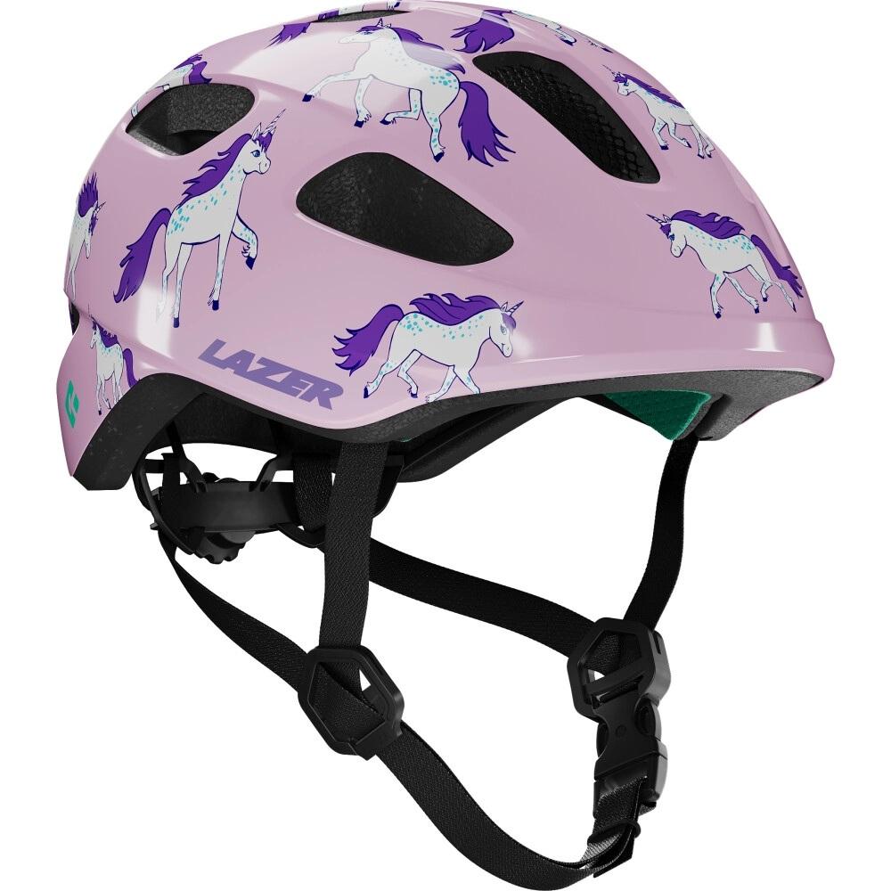 Lazer Nutz 2.0 KinetiCore Kinder-Fahrradhelm in Rosa mit Einhörnern und schwarzen Sicherheitsriemen.
