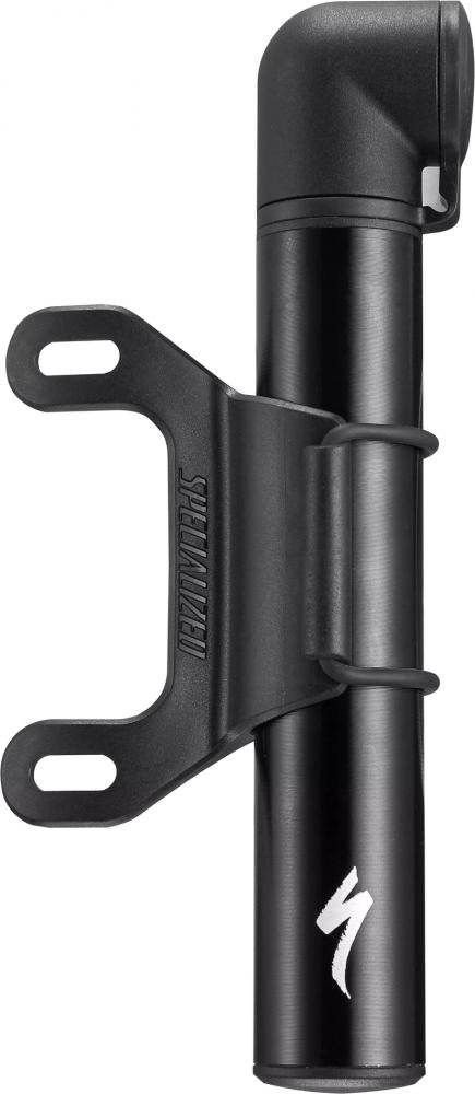 Kompakte Specialized MTB Mini-Rahmenpumpe in Schwarz mit Halterung.