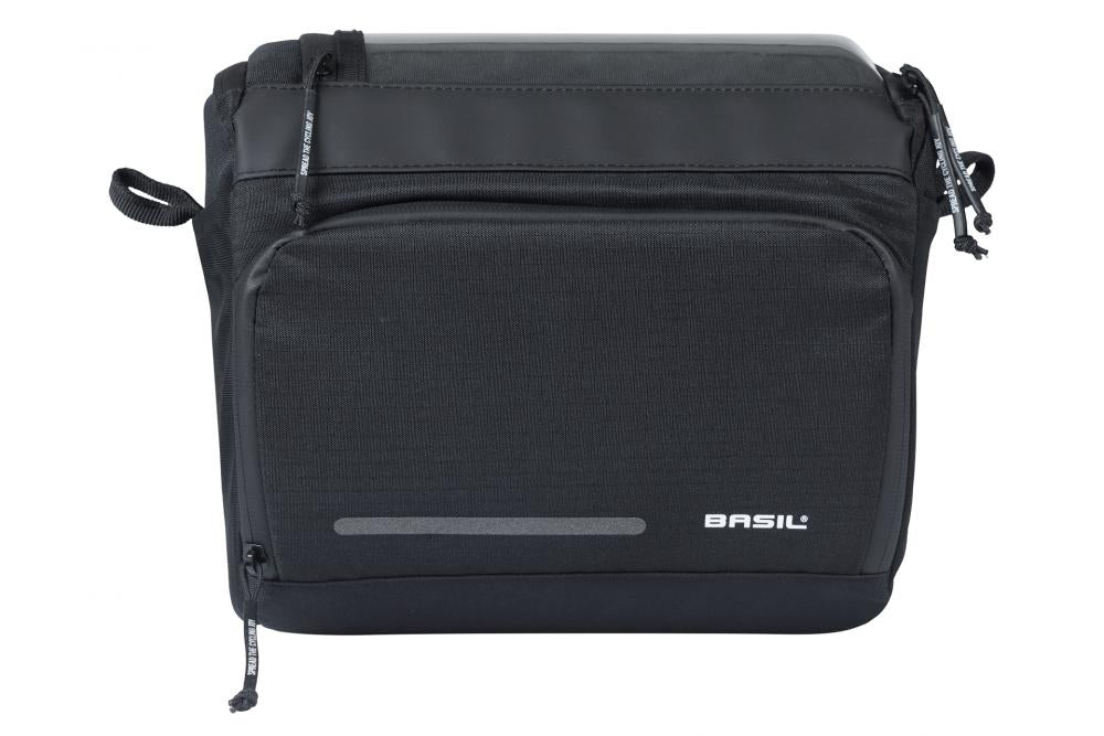 Schwarze Basil Move Lenkertasche KF (7-8L) mit Smartphone-Fach, Reflektor und wasserabweisendem Material.