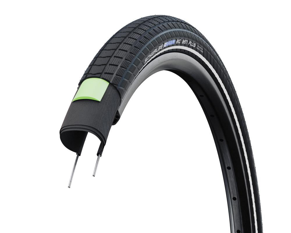Schwalbe BIG BEN PLUS Fahrradreifen Querschnitt mit GreenGuard Pannenschutz, E-50 und Reflexstreifen.