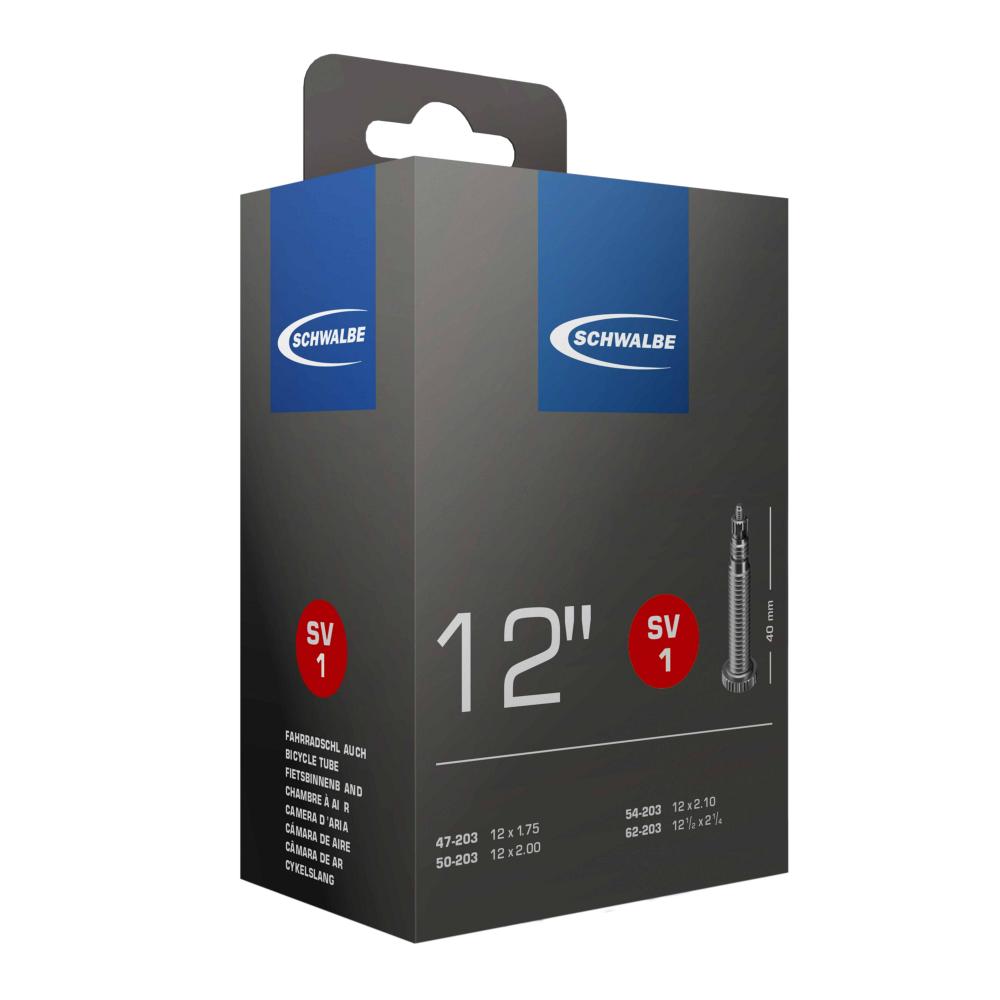 Schwalbe Fahrradschlauch SV1 12 Zoll 47/62-203 mit 40mm Sclaverandventil in der Originalverpackung.