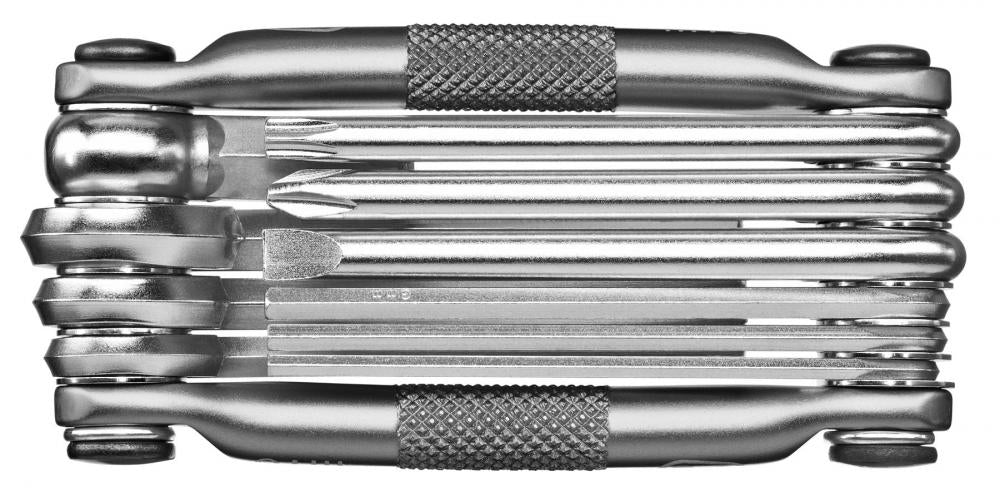 Crankbrothers Multi-10 Multitool, nickelbeschichtet, mit verschiedenen Werkzeugen für Fahrradreparaturen.