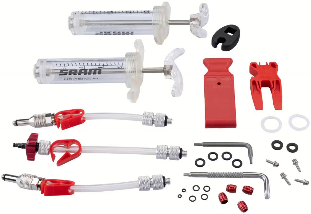 SRAM Pro V2 Scheibenbremsen Entlüftungs-Kit mit Spritzen, Schläuchen, Bleed Blocks, Werkzeugen und O-Ringen.