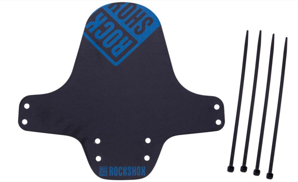 Rockshox VR-Steckblech Fender schwarz blau glänzend mit Logo und 4 Kabelbindern.