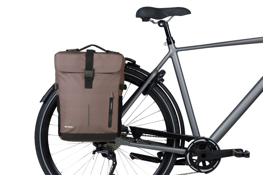Basil Doppelpacktasche Move MIK 30 Liter braun - Doppeltasche mit MIK-Adapterplatte, wasserabweisendem recyceltem Polyester, Regenhülle & Reflektoren